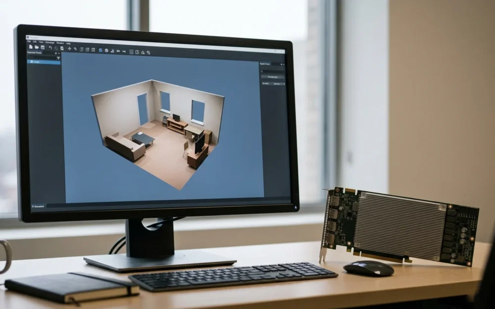 Workstation monitor showing a 3D room model beside an unbranded GPU accelerator card on a desk