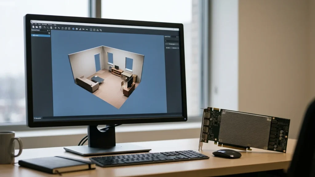 Workstation monitor showing a 3D room model beside an unbranded GPU accelerator card on a desk