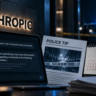 Anthropic logo etched in glass with one thin blue line leaving the frame toward a plain sealed envelope