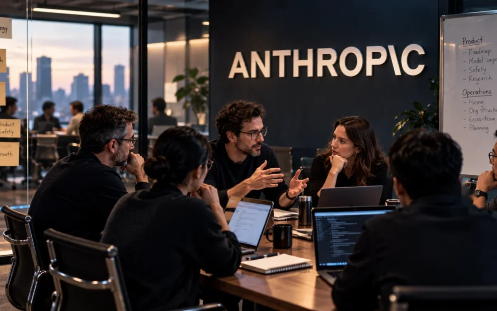 Anthropic logo as etched glass standing on a stepped stack of horizontal layers, lit by a thin blue edge light
