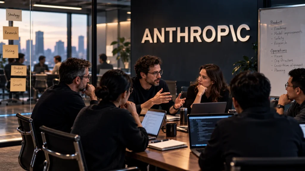 Anthropic logo as etched glass standing on a stepped stack of horizontal layers, lit by a thin blue edge light