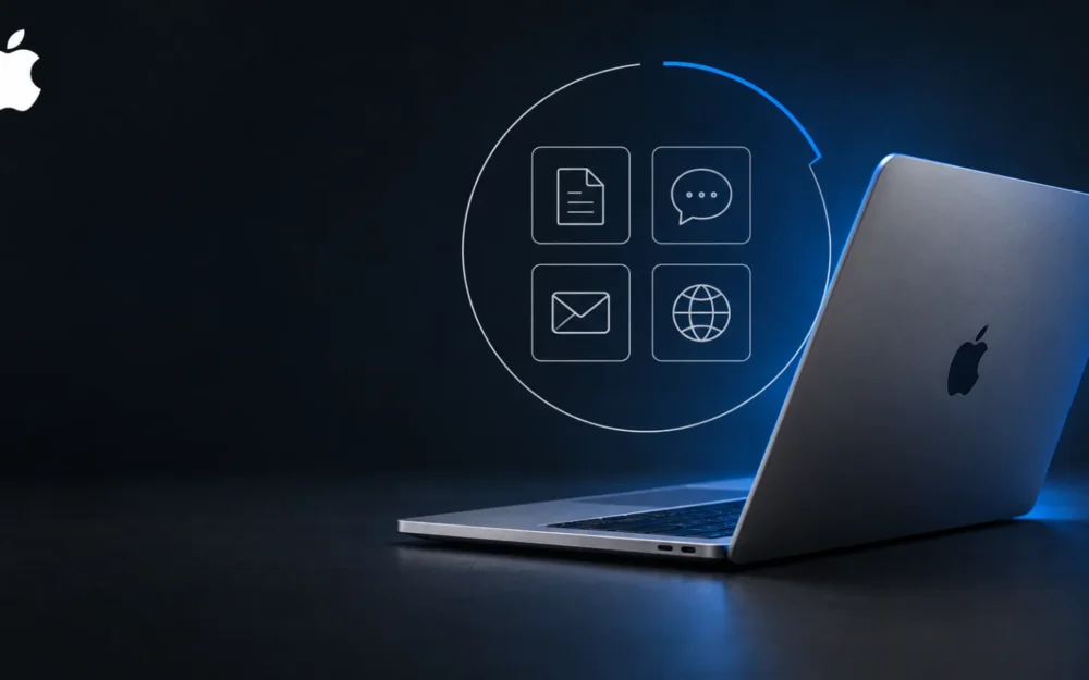 Mac laptop on a dark desk beside the Apple logo, with a thin ring and gate line around four data categories