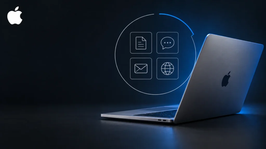 Mac laptop on a dark desk beside the Apple logo, with a thin ring and gate line around four data categories