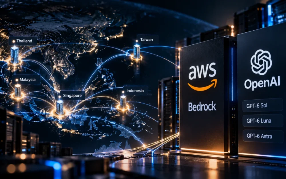 AWS and OpenAI logo objects joined by a single fiber line widening past a narrow channel, in a dark graphite scene