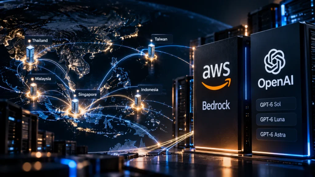 AWS and OpenAI logo objects joined by a single fiber line widening past a narrow channel, in a dark graphite scene