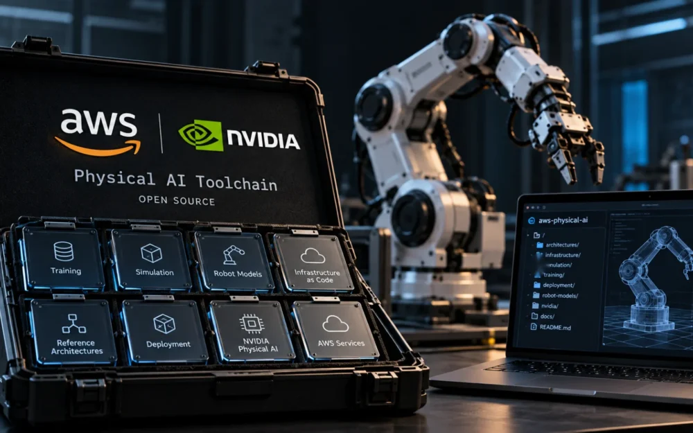 AWS and NVIDIA logos beside a sealed modular case opening to reveal components, with one slot left empty