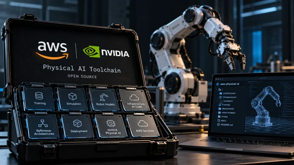 AWS and NVIDIA logos beside a sealed modular case opening to reveal components, with one slot left empty