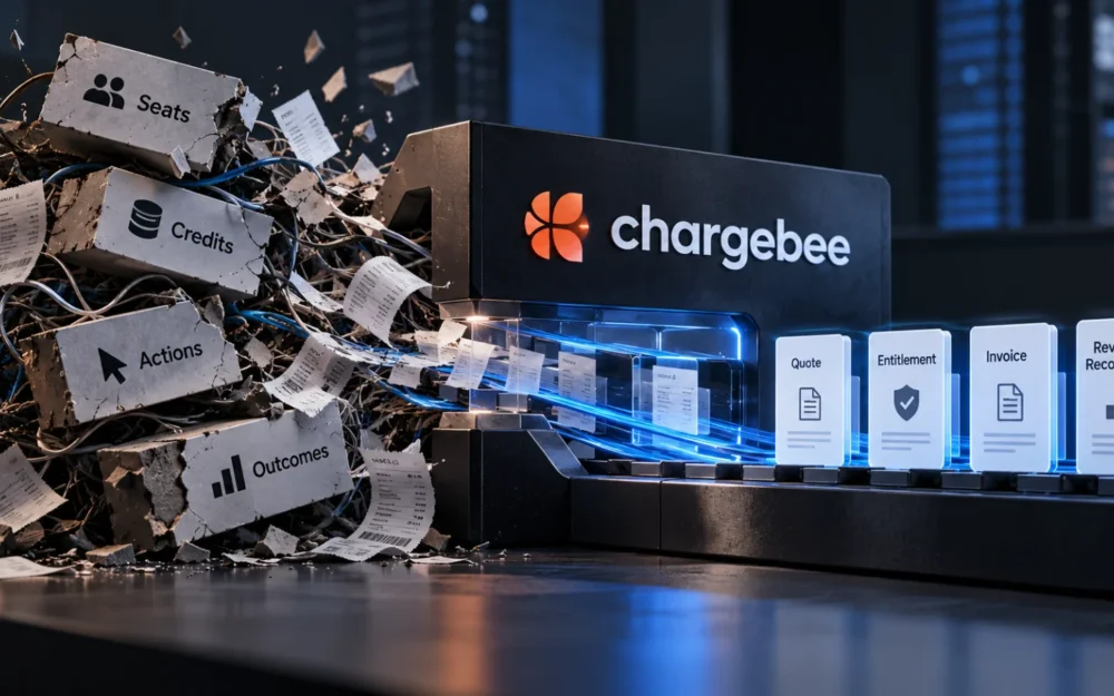 Chargebee logo etched in metal in front of four offset translucent layers, lit with a thin blue edge