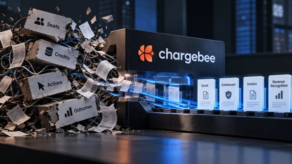 Chargebee logo etched in metal in front of four offset translucent layers, lit with a thin blue edge