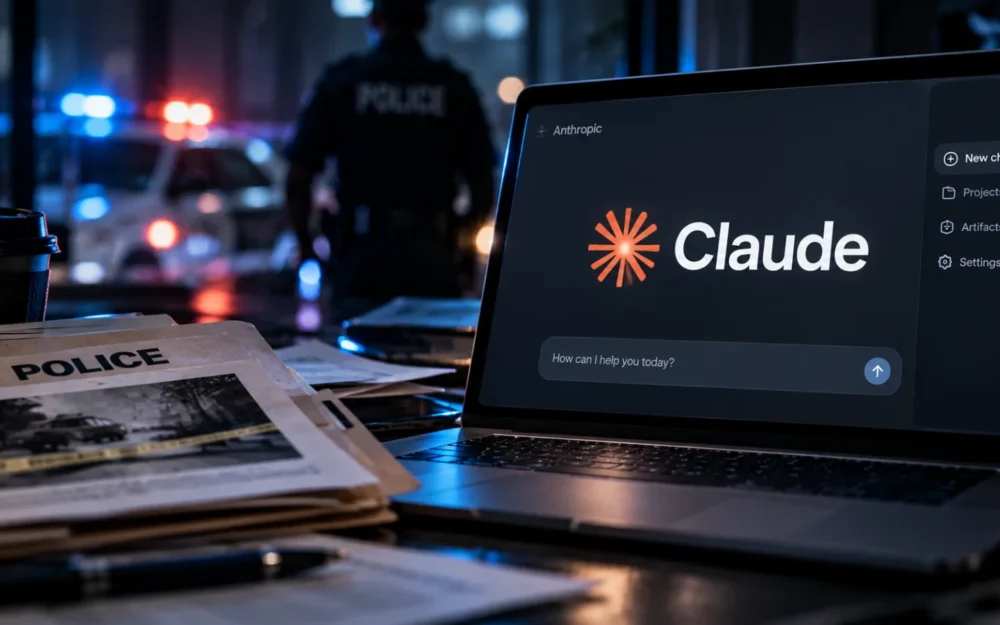 Claude logo as an etched-glass object with one hairline leading to a blank paper slip on a graphite surface