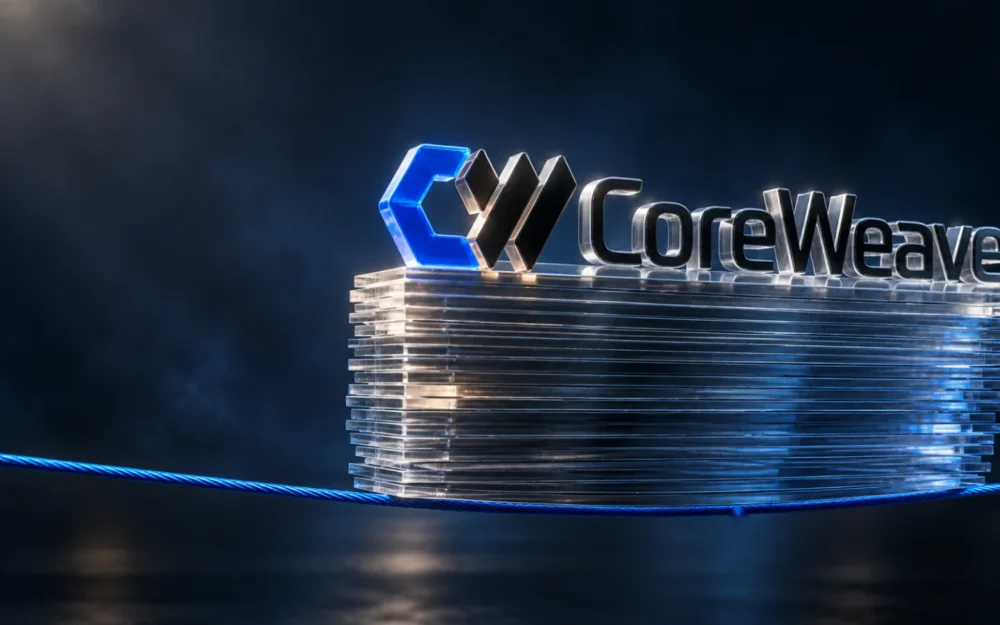 CoreWeave logo as an etched-glass object resting on a stack of translucent layers held by a single thin blue line