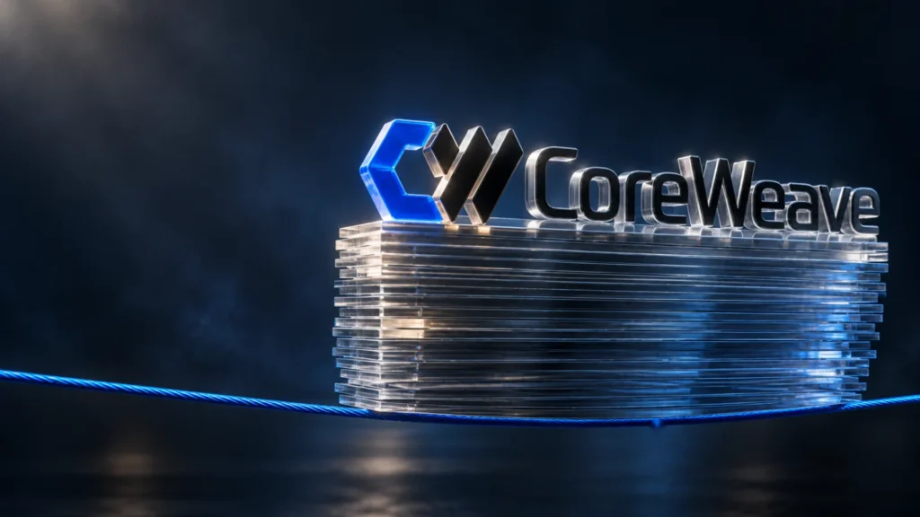 CoreWeave logo as an etched-glass object resting on a stack of translucent layers held by a single thin blue line