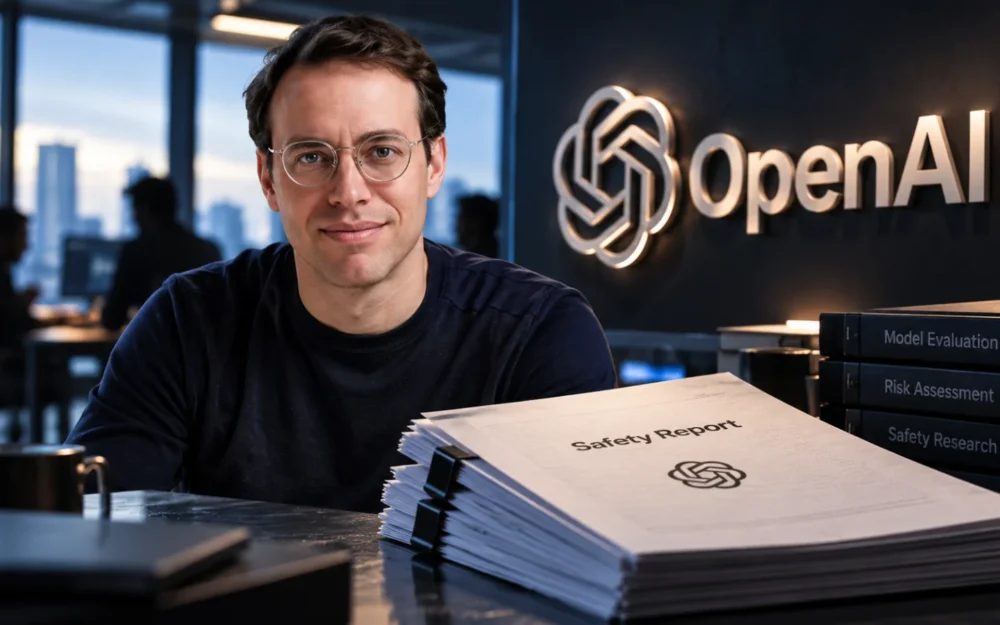 David Robinson in a restrained portrait beside a blank bound report and an OpenAI logo plate on a dark graphite surface