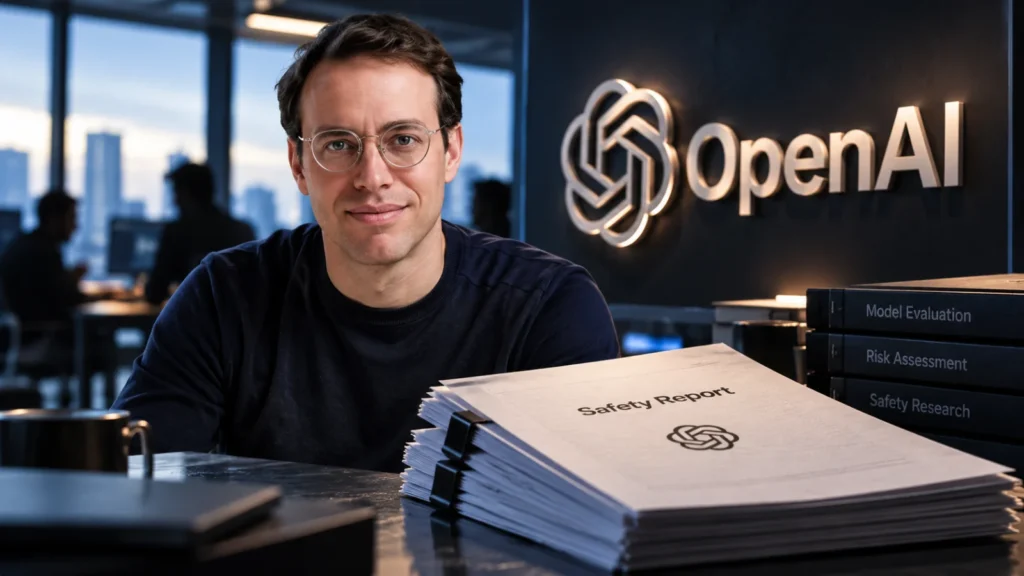 David Robinson in a restrained portrait beside a blank bound report and an OpenAI logo plate on a dark graphite surface