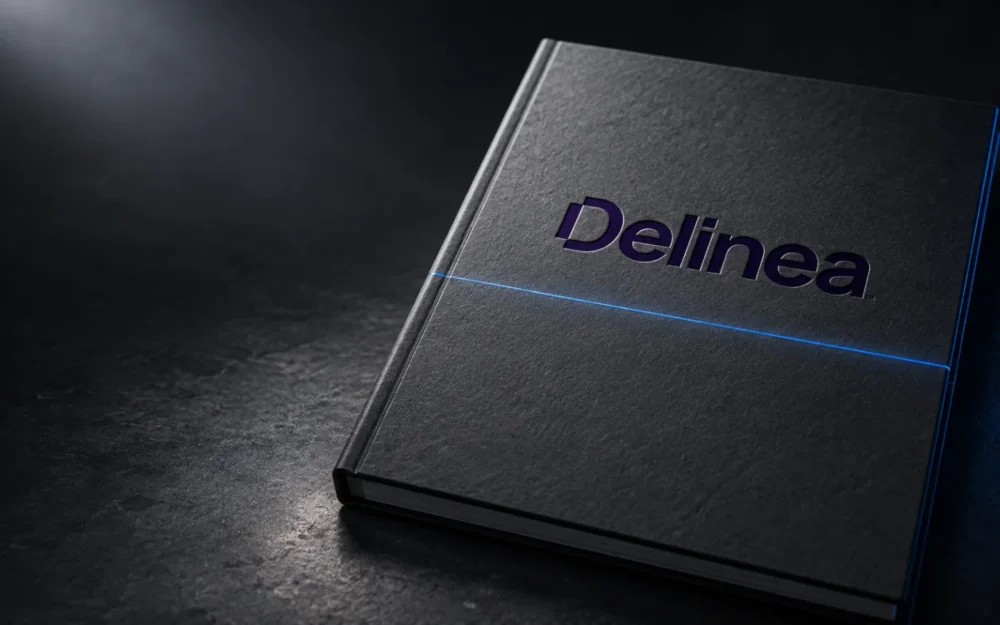 A closed matte report folder with the Delinea logo embossed on its cover, contents hidden