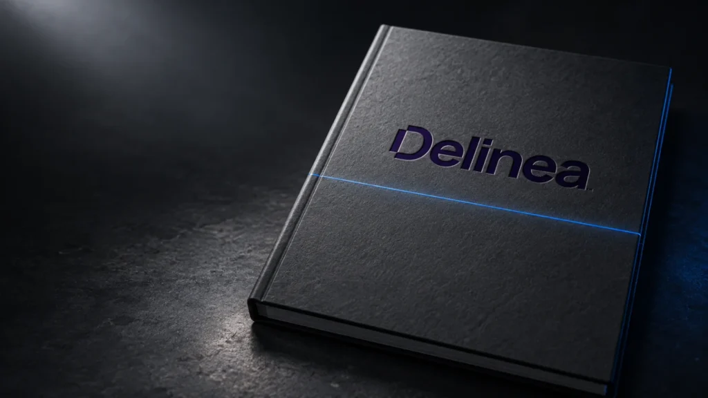 A closed matte report folder with the Delinea logo embossed on its cover, contents hidden