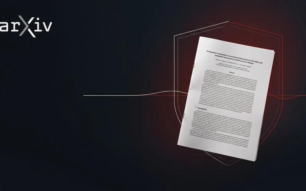 Printed research paper on a dark desk beside the arXiv logo, with a thin wavering line over a shield outline