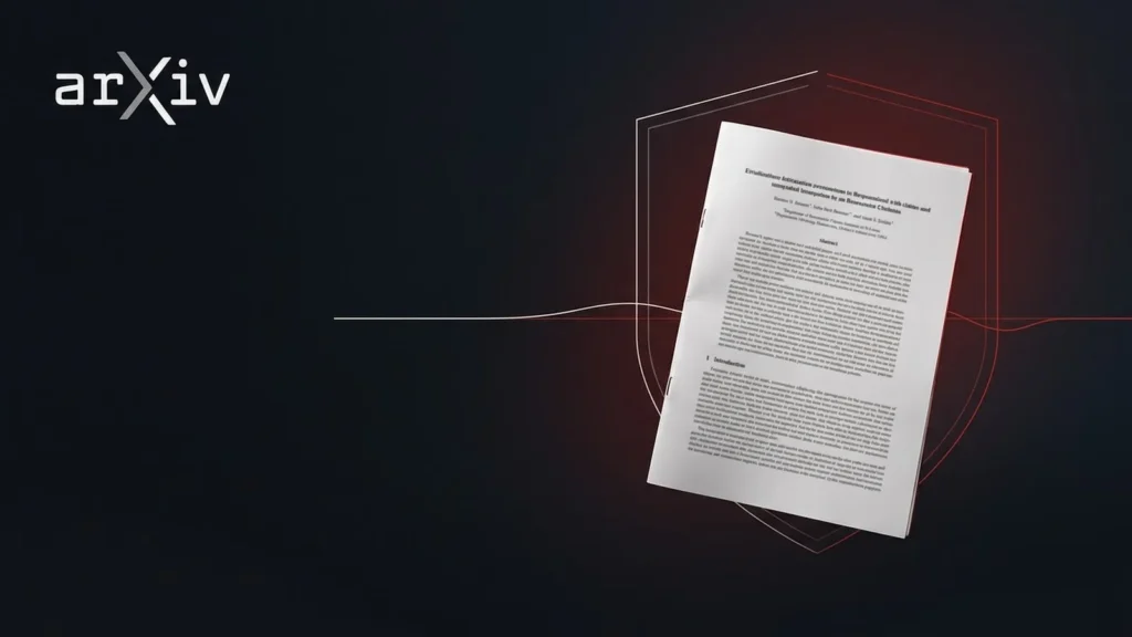 Printed research paper on a dark desk beside the arXiv logo, with a thin wavering line over a shield outline