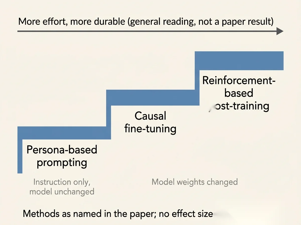 Three-step ladder of induction methods: persona-based prompting, causal fine-tuning, reinforcement-based post-training
