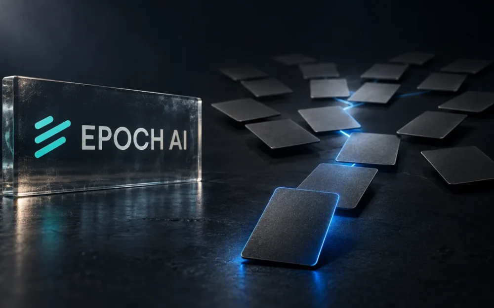 Blank graphite playing cards fanned along a branching path beside an etched Epoch AI logo