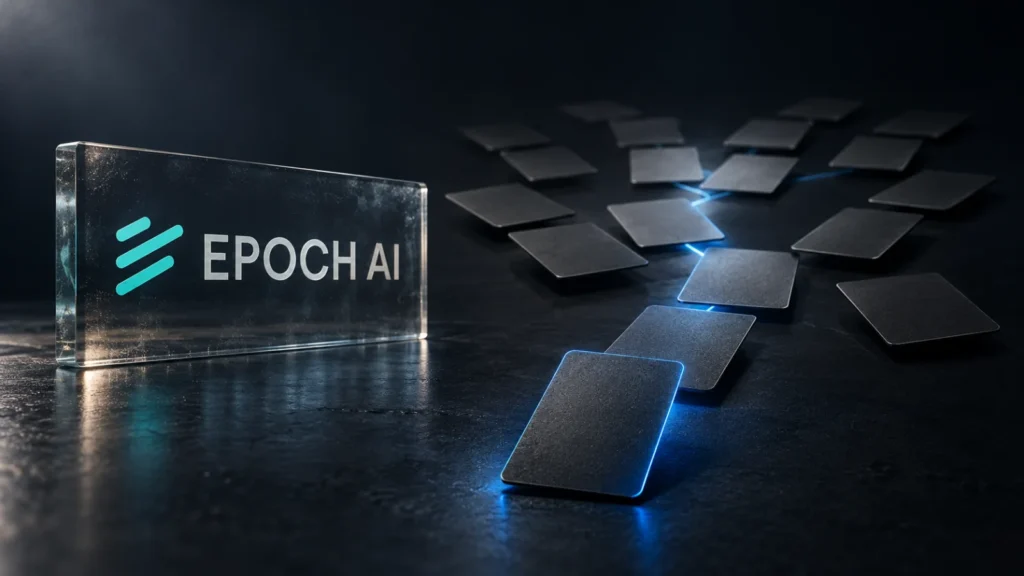 Blank graphite playing cards fanned along a branching path beside an etched Epoch AI logo