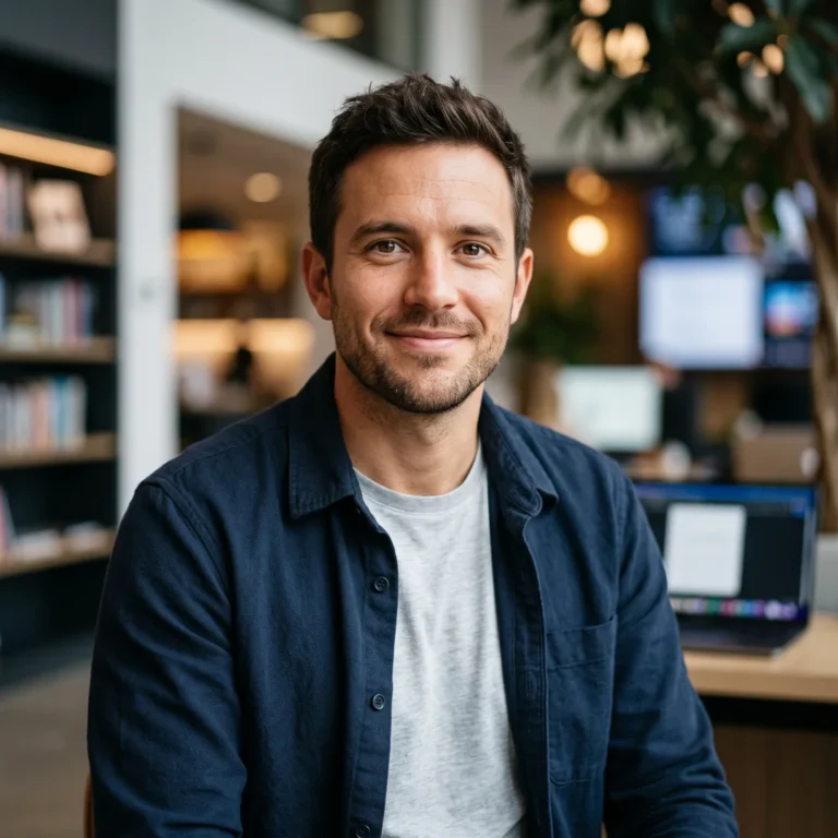Ethan Brooks, BriefFlash AI Tools & Guides Editor, smiling in a navy overshirt in a bright office with bookshelves