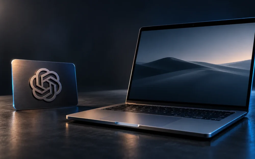 A laptop beside a matte card embossed with the ChatGPT logo, suggesting a local model weighed against a paid chatbot plan