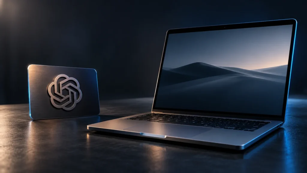 A laptop beside a matte card embossed with the ChatGPT logo, suggesting a local model weighed against a paid chatbot plan