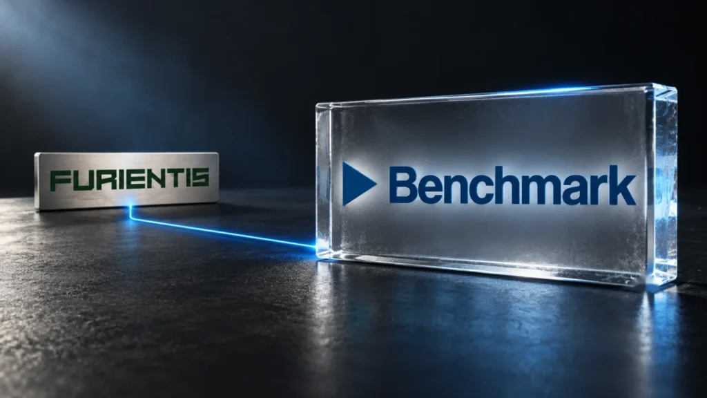 Etched-glass Benchmark logo joined by a thin blue line to a Furientis nameplate on a dark graphite surface