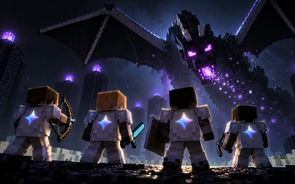 Four identical metal cubes linked by one thin blue line toward a larger dark cube, with Gemini and Minecraft logos