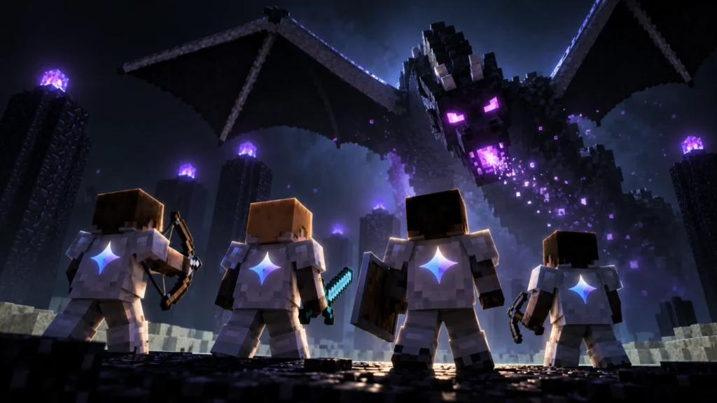 Four identical metal cubes linked by one thin blue line toward a larger dark cube, with Gemini and Minecraft logos