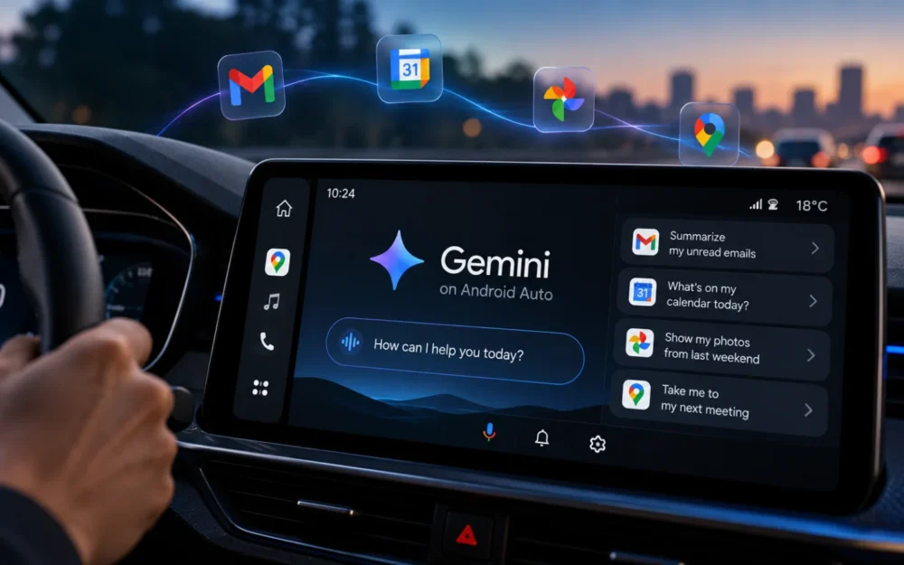 Gemini logo etched in glass beside a car dashboard display with one opt-in switch and app tiles joined by hairlines