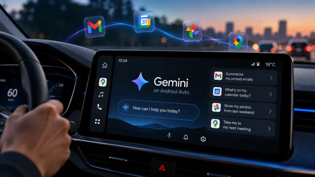 Gemini logo etched in glass beside a car dashboard display with one opt-in switch and app tiles joined by hairlines