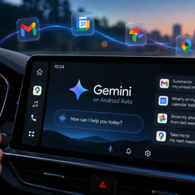 Gemini logo etched in glass beside a car dashboard display with one opt-in switch and app tiles joined by hairlines