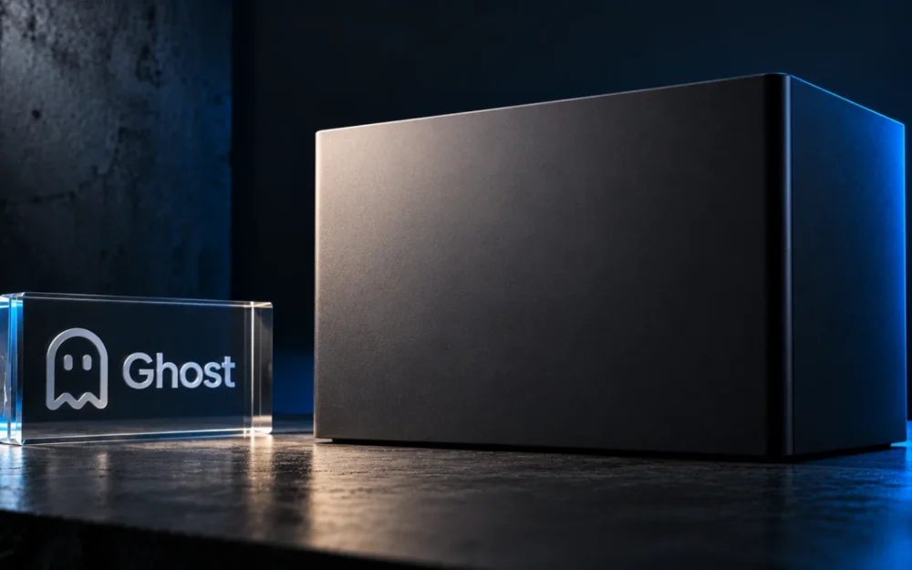 Ghost logo etched in glass beside a sealed, unmarked matte enclosure on a dark graphite surface