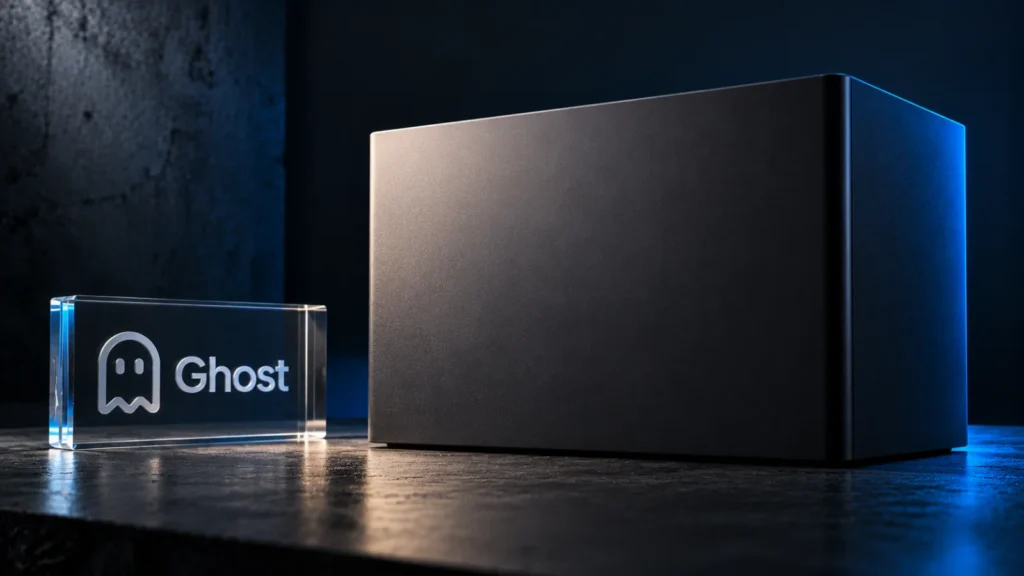 Ghost logo etched in glass beside a sealed, unmarked matte enclosure on a dark graphite surface