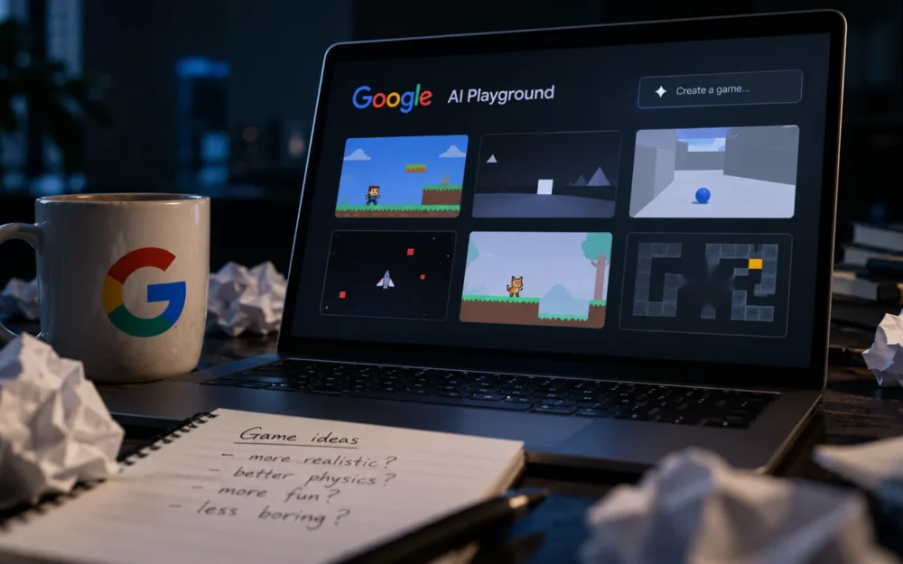Etched-glass Google logo behind a plain game controller on a graphite surface, with a visible gap between them