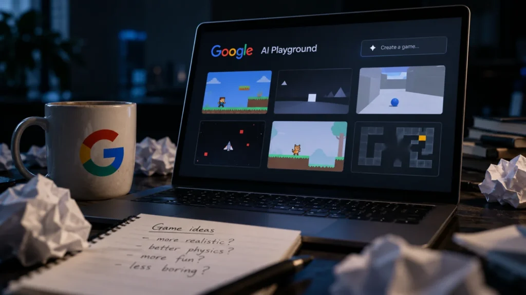 Etched-glass Google logo behind a plain game controller on a graphite surface, with a visible gap between them