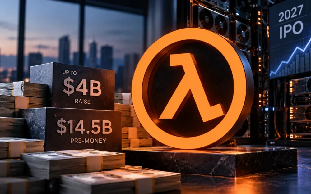 Lambda logo etched in glass on a stack of layered slabs with one slab offset on top, against a graphite background