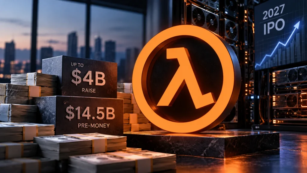 Lambda logo etched in glass on a stack of layered slabs with one slab offset on top, against a graphite background