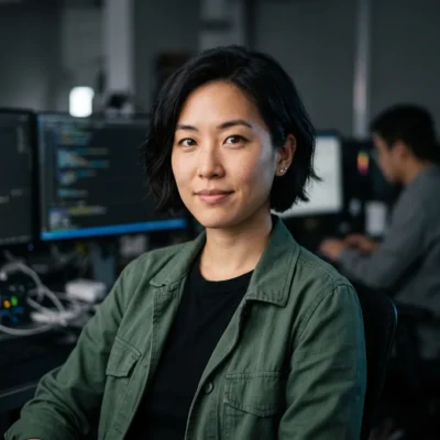 Lena Park, BriefFlash Open Source Editor, in a green jacket at a desk with code on monitors behind