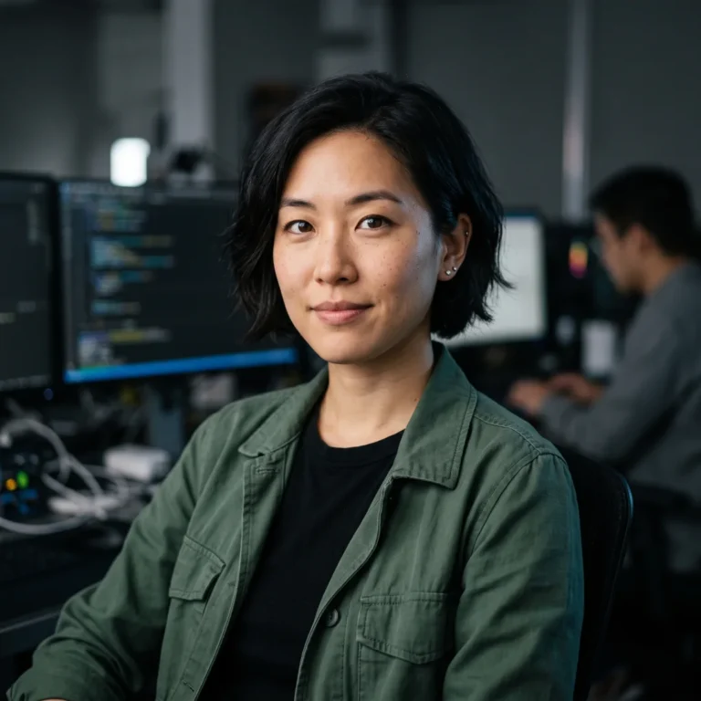 Lena Park, BriefFlash Open Source Editor, in a green jacket at a desk with code on monitors behind