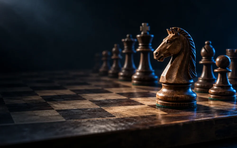 Wooden chessboard with one knight placed ahead of a row of pieces, lit by a thin blue rim light