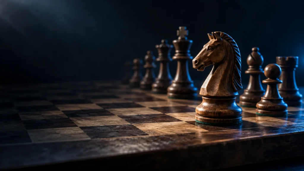 Wooden chessboard with one knight placed ahead of a row of pieces, lit by a thin blue rim light