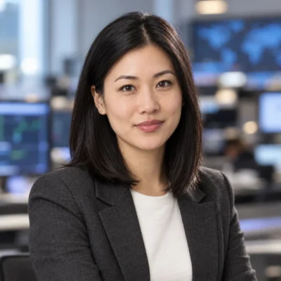Maya Chen, BriefFlash AI Models & Research Editor, in a gray blazer with newsroom monitors behind
