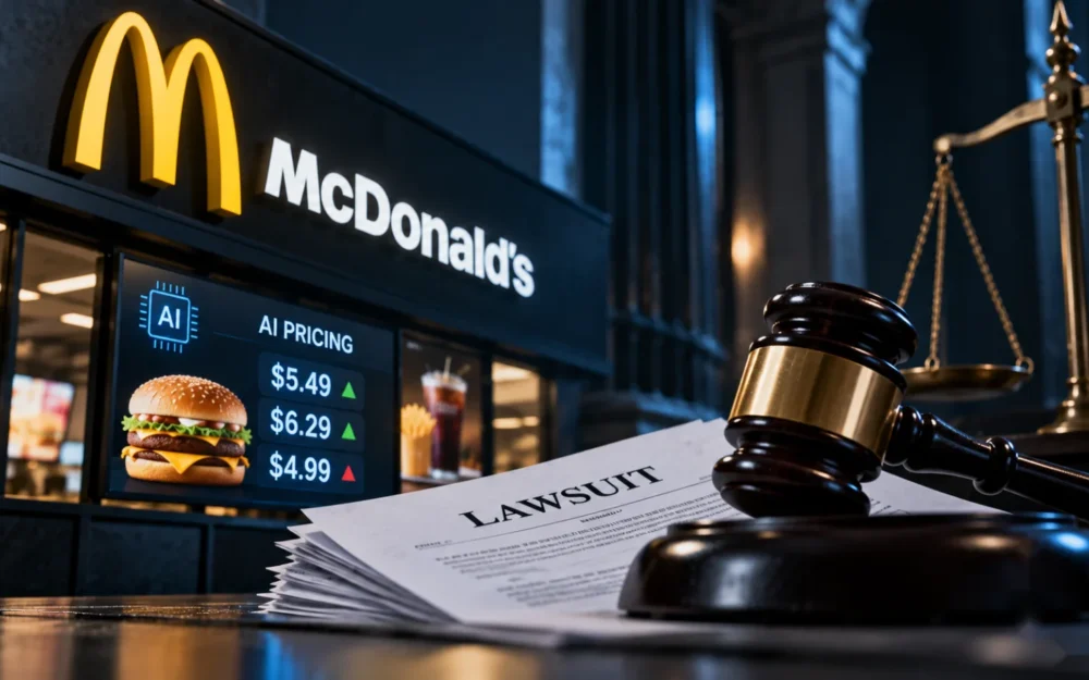 McDonald's logo as a brushed-metal object behind a frosted glass pane, beside a blank unmarked price tag
