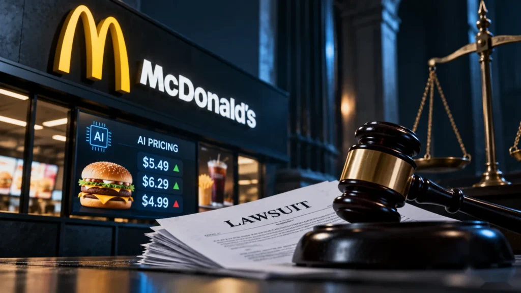 McDonald's logo as a brushed-metal object behind a frosted glass pane, beside a blank unmarked price tag