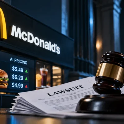 McDonald's logo as a brushed-metal object behind a frosted glass pane, beside a blank unmarked price tag