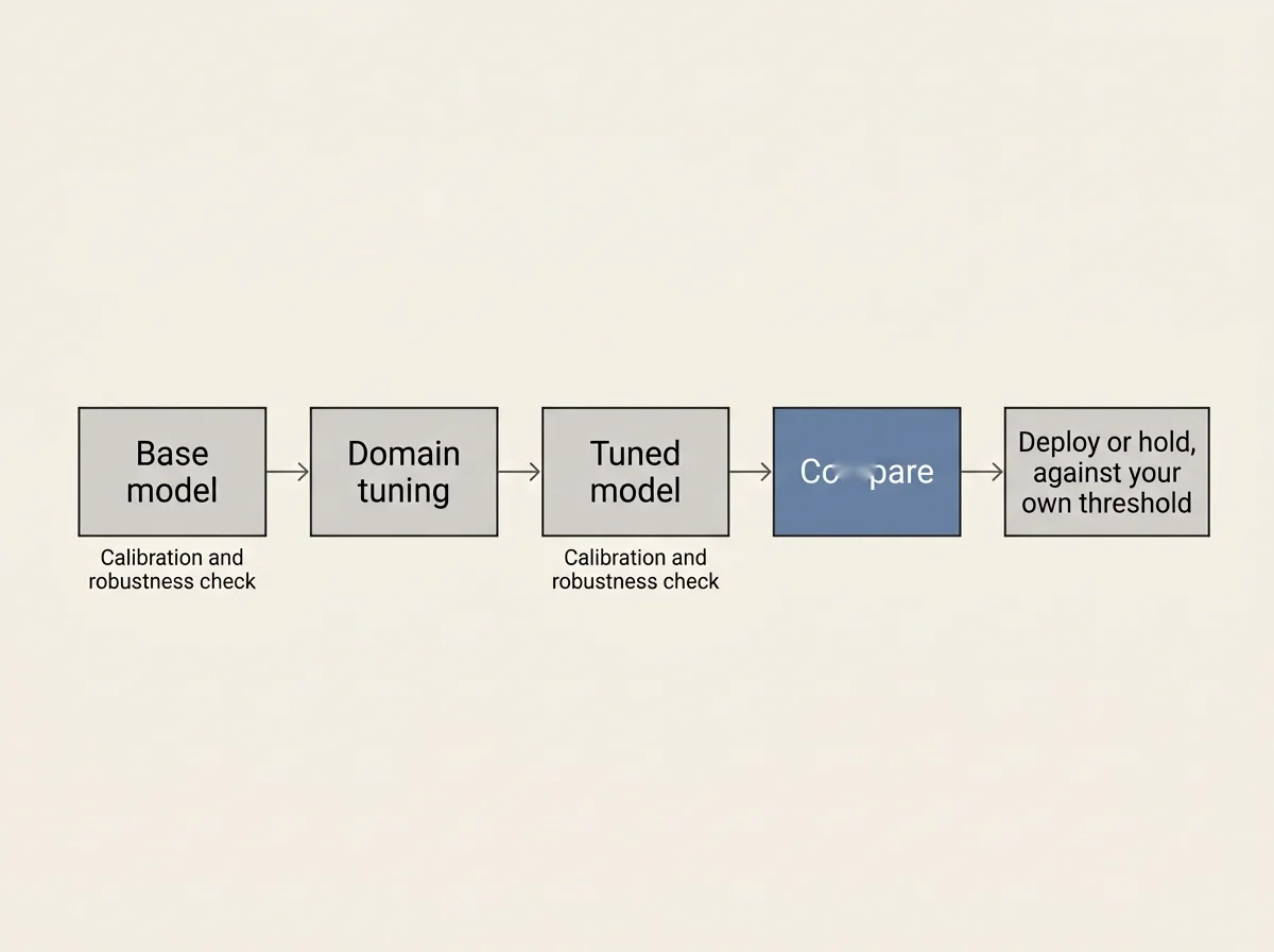 Flow diagram: check base model, tune, check again, then compare results before deployment