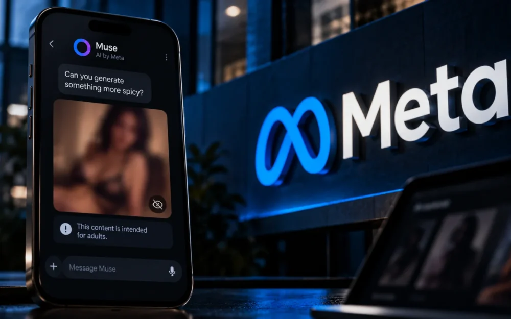 Meta logo etched in glass behind a half-drawn frosted screen, suggesting unanswered questions about Muse agent controls